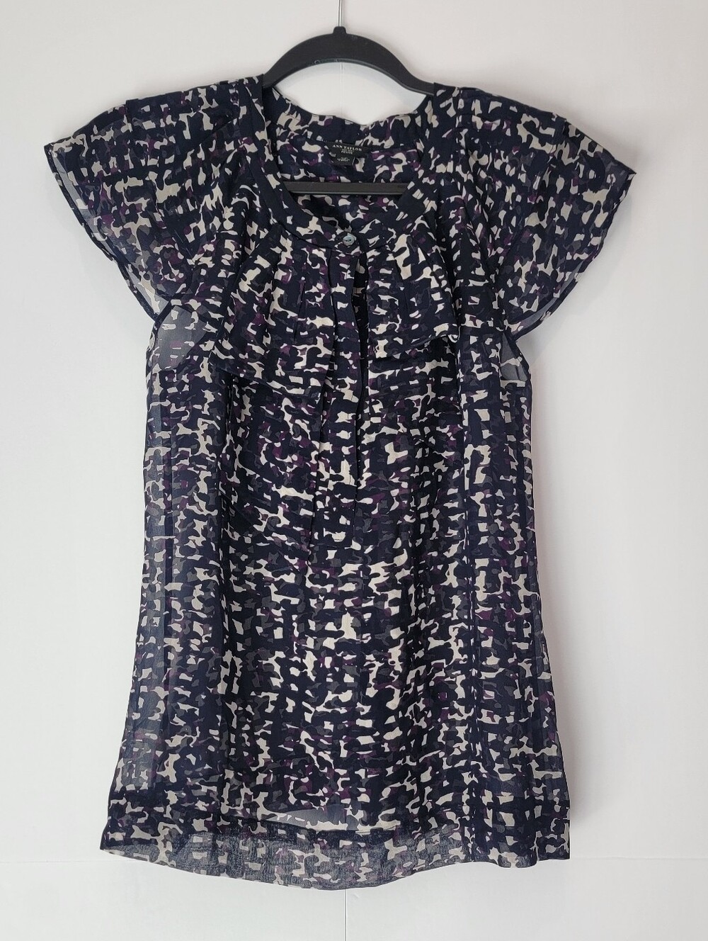 Ann Taylor Petite 100% Silk Abstract Print Ruffle Blouse SP